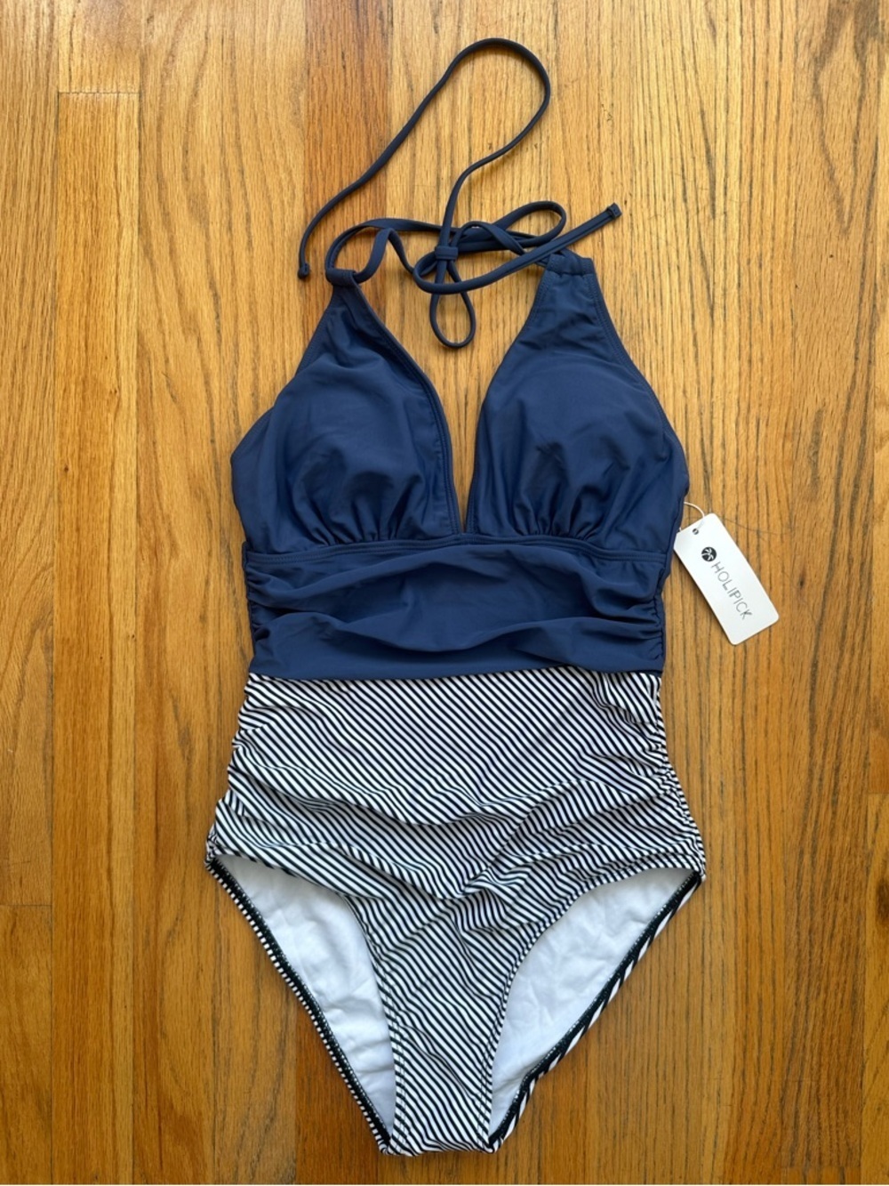 Holipick Navy Halter One-Piece with Striped Waist - Picture 2 of 8